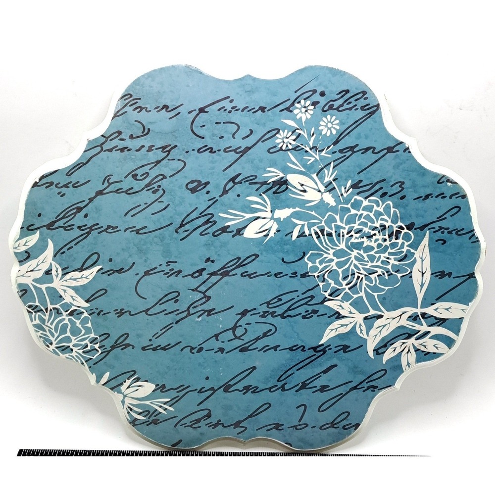 Elements Floral Script Wall Plaque 11x12 Blue White‎ Scalloped Wood Decor NEW